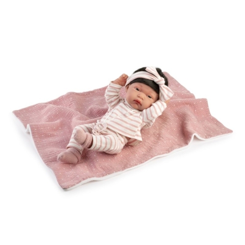 Lalka Hiszpańska 33 cm Antonio Juan 60146 Baby Toneta, bobas cały z winylu, dziewczynka, ciemne krótkie włosy, ubranko, smoczek, dwustronny kocyk