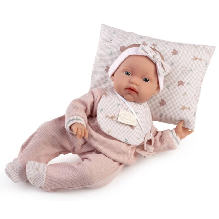 Lalka Hiszpańska 34 cm Antonio Juan Toneta 70366, bobas, miękki brzuszek, elastyczny tułów, opaska na głowę, bluzeczka, półśpiochy, smoczek, śliniaczek, poduszka