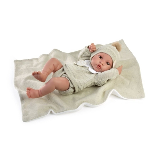 Lalka Hiszpańska 42 cm Antonio Juan 50439 Erik, bobas cały z winylu, chłopiec, bez włosów, rzęsy, czapeczka, sweterek, spodenki bloomersy, smoczek, kocyk