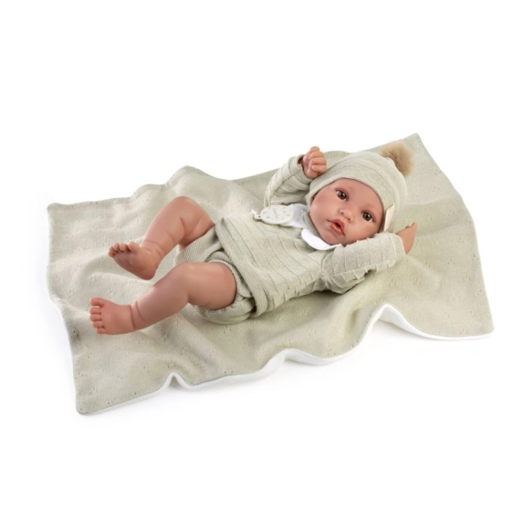 Lalka Hiszpańska 42 cm Antonio Juan 50439 Erik, bobas cały z winylu, chłopiec, bez włosów, rzęsy, czapeczka, sweterek, spodenki bloomersy, smoczek, kocyk