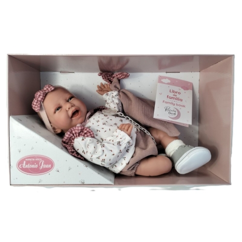 Lalka Hiszpańska 42 cm Antonio Juan 33372 Carla, bobas miękki brzuszek, rączki i nóżki na ruchomych stawach, co pozwala na posadzenie laleczki, uśmiechnięta, widoczny języczek i ząbki, w ubranku, buciki, smoczek, kocyk przytulanka