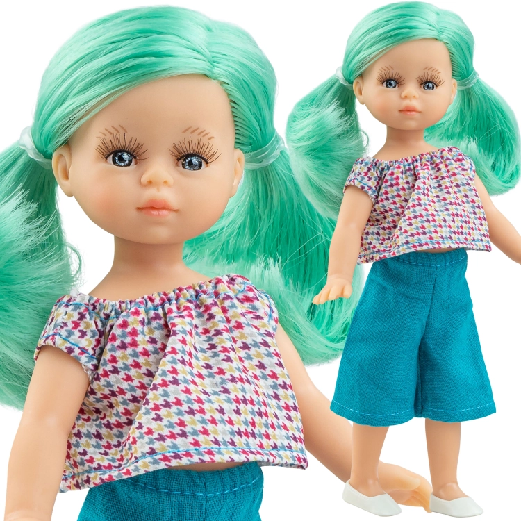 Lalka Hiszpańska 21 cm Paola Reina Mini Amigas 02143 Sandra, cała z winylu, zielone włosy, bluzka, spodnie 3/4, buciki