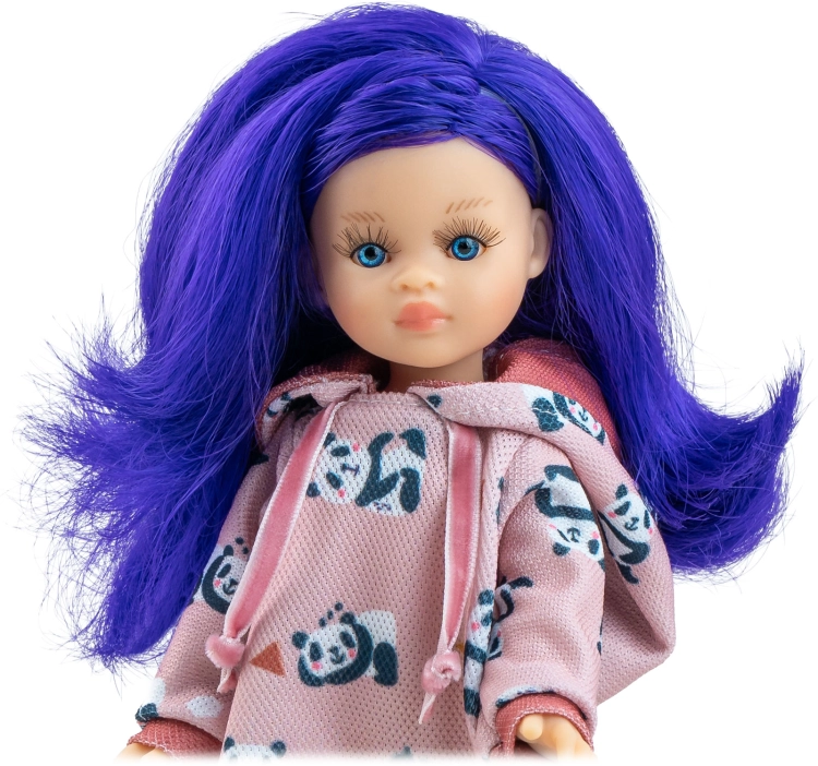 Lalka Hiszpańska 21 cm Paola Reina Mini Amigas 02139 Maria Jose, cała z winylu, niebieskie włosy, tunika z kapturem, majteczki, buciki