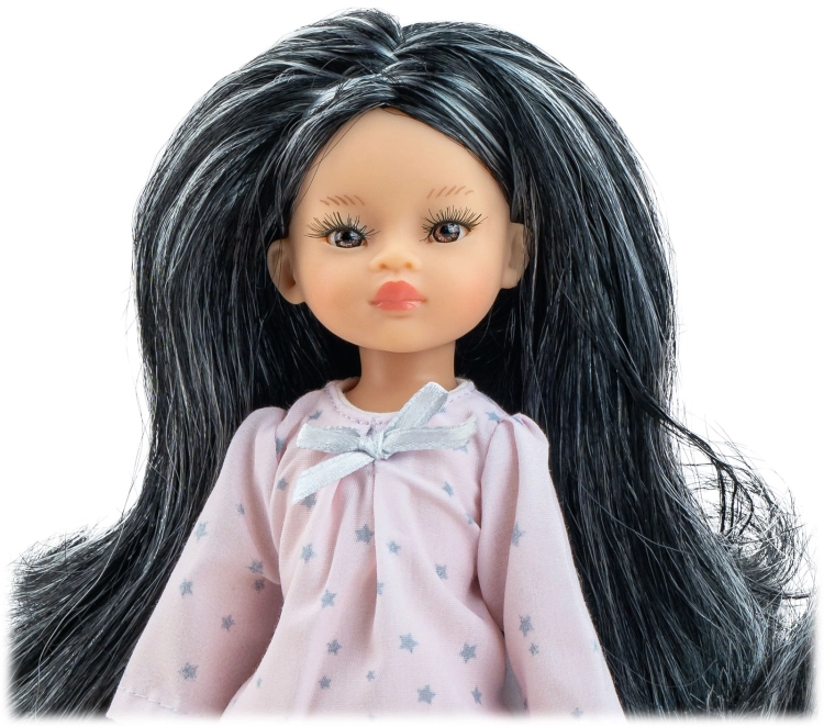 Lalka Hiszpańska 21 cm Paola Reina Mini Amigas 02141 Paula, cała z winylu, czarne włosy z jasnymi pasemkami, sukienka, majteczki, buciki