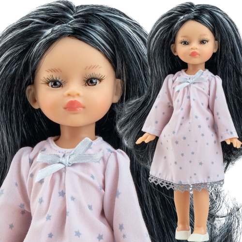 Lalka Hiszpańska 21 cm Paola Reina Mini Amigas 02141 Paula, cała z winylu, czarne włosy z jasnymi pasemkami, sukienka, majteczki, buciki