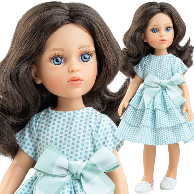 Lalka Hiszpańska 32 cm Paola Reina Amigas 04727 Coti, klasyczna, cała z winylu, niebieskie oczy, brązowe włosy, sukienka z falbankami, białe buciki