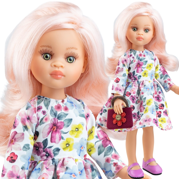 Lalka Hiszpańska 32 cm Paola Reina Amigas 047333 Esme, klasyczna, cała z winylu, zielone oczy, włosy w kolorze perłowego różu, sukienka, majteczki, buciki, torebka