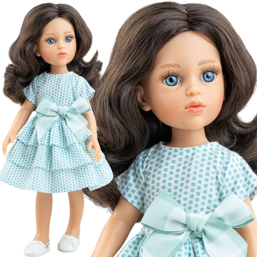 Lalka Hiszpańska 32 cm Paola Reina Amigas 04727 Coti, klasyczna, cała z winylu, niebieskie oczy, brązowe włosy, sukienka z falbankami, białe buciki