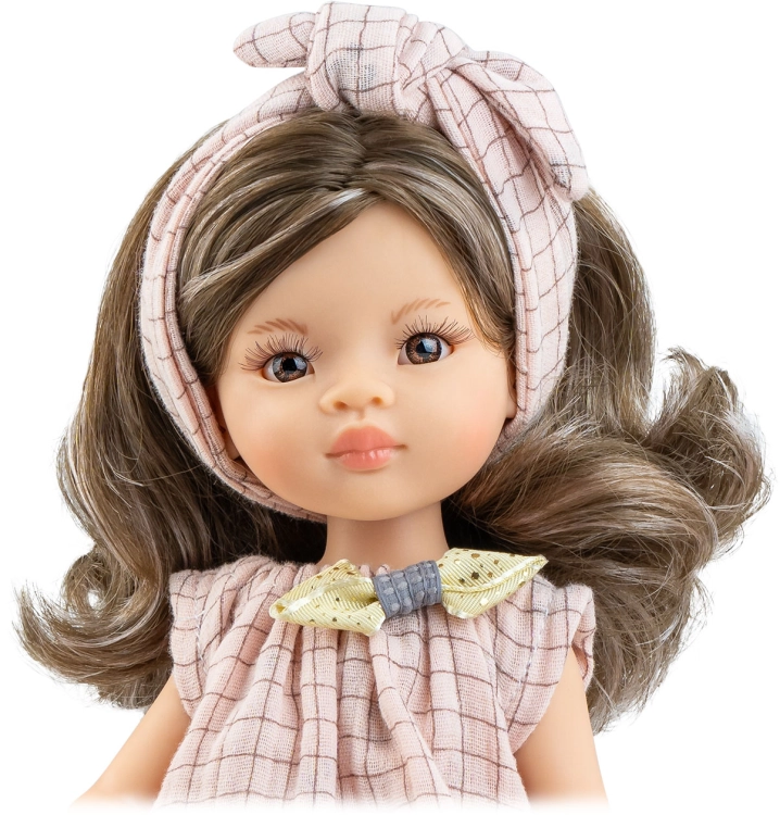 Lalka Hiszpańska 32 cm Paola Reina Amigas 04731 Sofia, klasyczna, cała z winylu, ciemne oczy, brązowe włosy z pasemkami, opaska do włosów, sukienka,majteczki, białe wiązane buciki