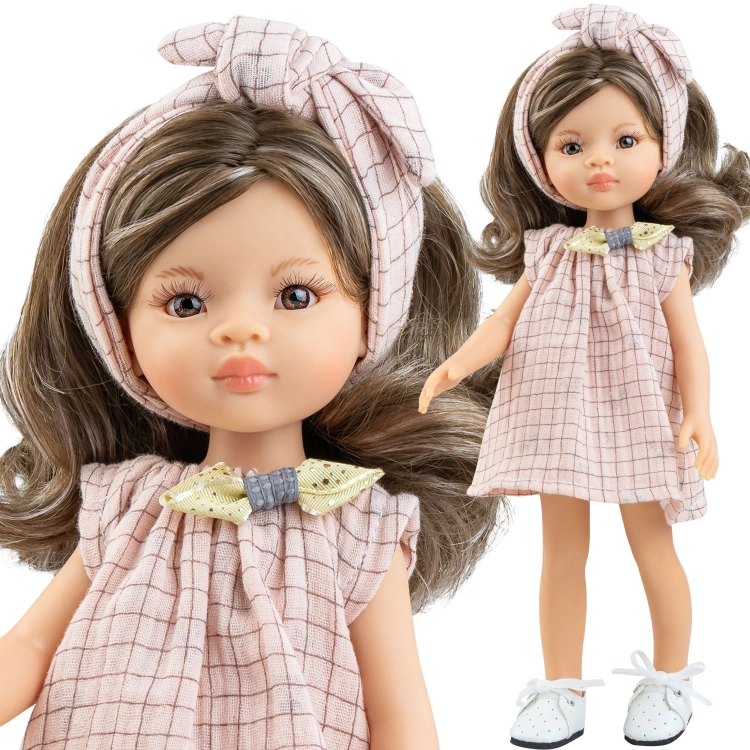 Lalka Hiszpańska 32 cm Paola Reina Amigas 04731 Sofia, klasyczna, cała z winylu, ciemne oczy, brązowe włosy z pasemkami, opaska do włosów, sukienka,majteczki, białe wiązane buciki