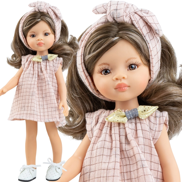 Lalka Hiszpańska 32 cm Paola Reina Amigas 04731 Sofia, klasyczna, cała z winylu, ciemne oczy, brązowe włosy z pasemkami, opaska do włosów, sukienka,majteczki, białe wiązane buciki