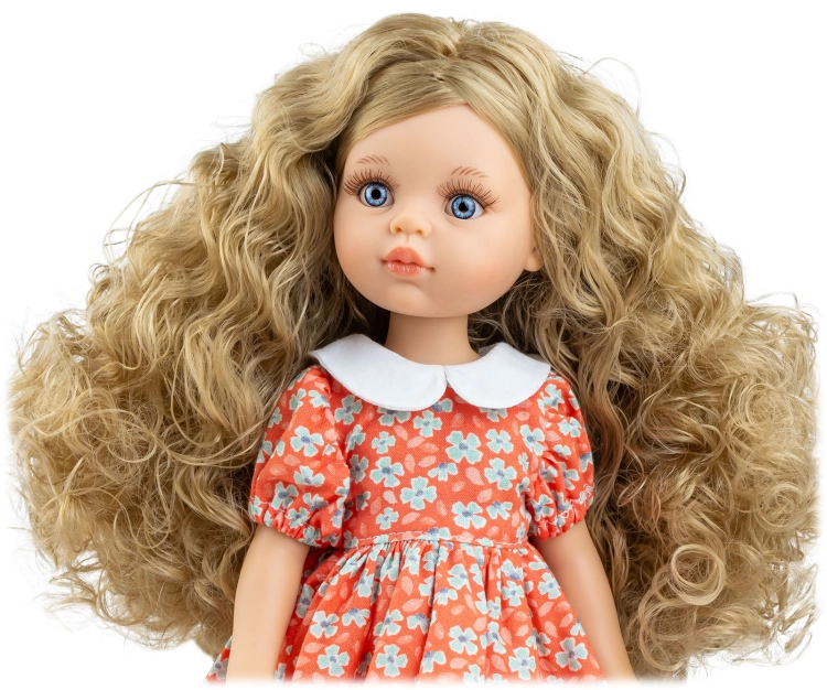 Lalka Hiszpańska 32 cm Paola Reina Amigas 04723 Carla, klasyczna, cała z winylu, niebieskie oczy, kręcone blond włosy, czerwona sukienka w niebieskie kwiatuszki z białym kołnierzykiem, buciki