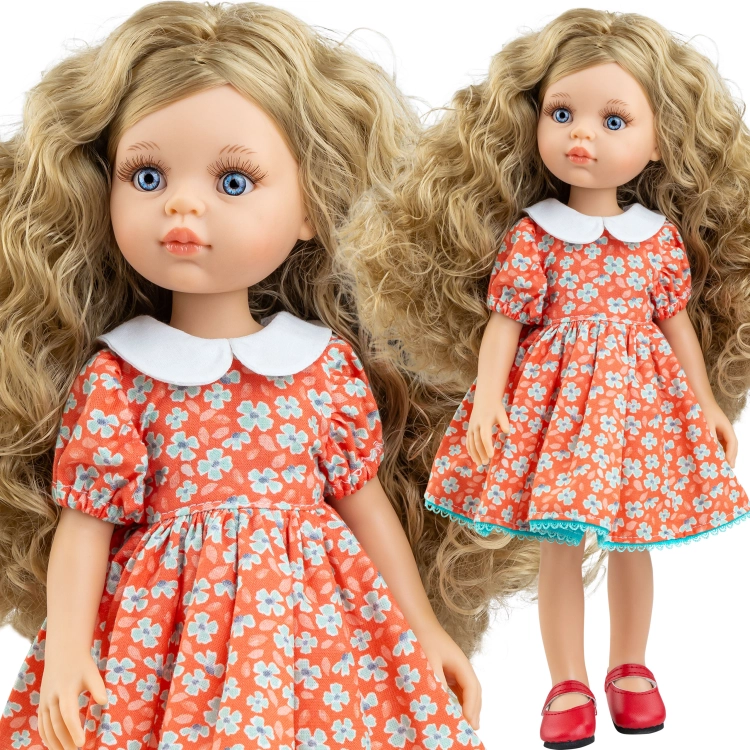 Lalka Hiszpańska 32 cm Paola Reina Amigas 04723 Carla, klasyczna, cała z winylu, niebieskie oczy, kręcone blond włosy, czerwona sukienka w niebieskie kwiatuszki z białym kołnierzykiem, buciki