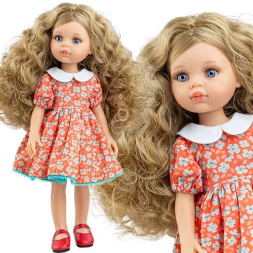Lalka Hiszpańska 32 cm Paola Reina Amigas 04723 Carla, klasyczna, cała z winylu, niebieskie oczy, kręcone blond włosy, czerwona sukienka w niebieskie kwiatuszki z białym kołnierzykiem, buciki