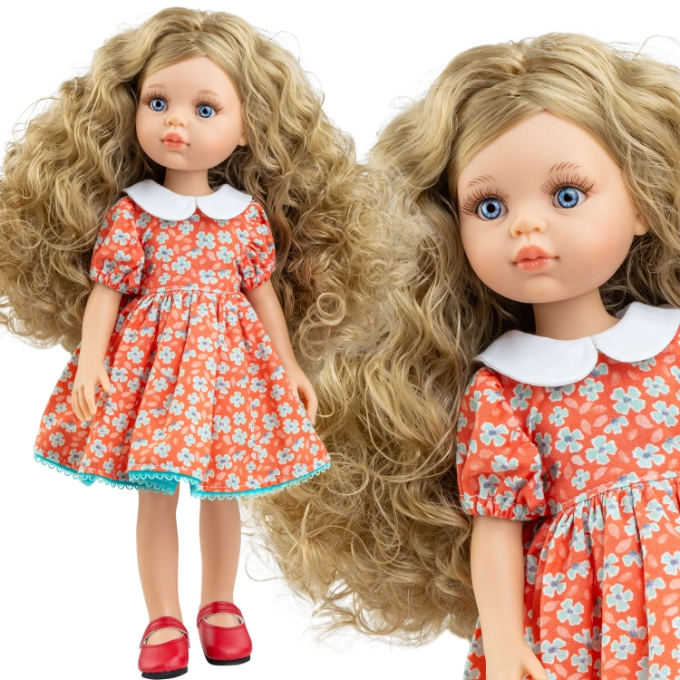 Lalka Hiszpańska 32 cm Paola Reina Amigas 04723 Carla, klasyczna, cała z winylu, niebieskie oczy, kręcone blond włosy, czerwona sukienka w niebieskie kwiatuszki z białym kołnierzykiem, buciki