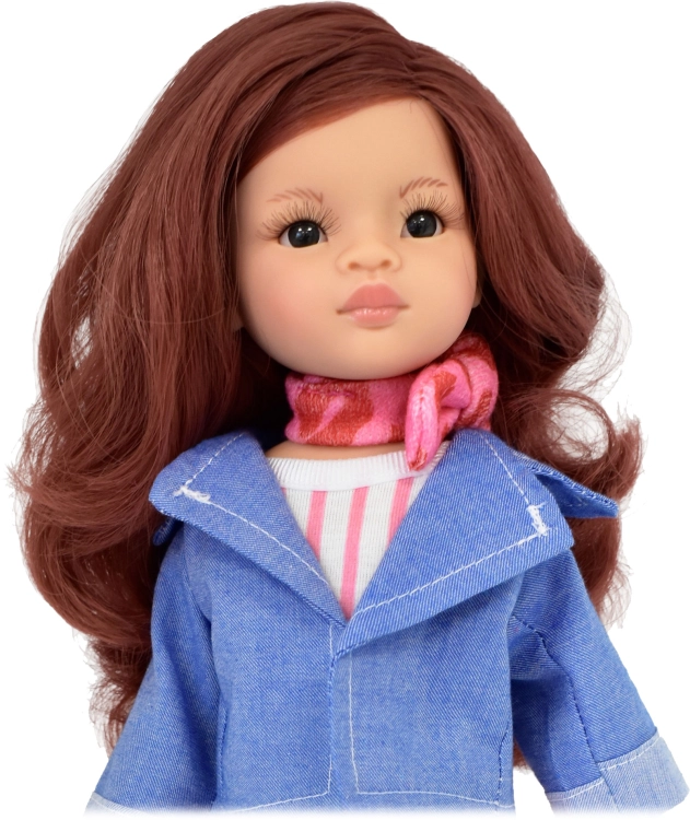 Lalka Hiszpańska 32 cm Paola Reina Amigas 04541 Roxana, klasyczna, cała z winylu, ciemne oczy, kasztanowe włosy, kurteczka, sukienka w paseczki, apaszka, buciki
