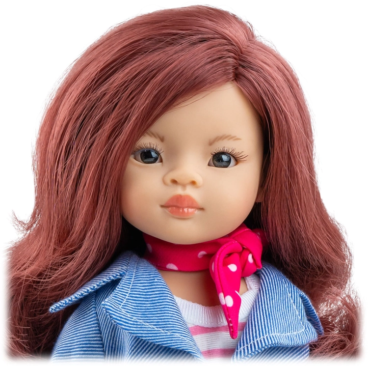 Lalka Hiszpańska 32 cm Paola Reina Amigas 04541 Roxana, klasyczna, cała z winylu, ciemne oczy, kasztanowe włosy, kurteczka, sukienka w paseczki, apaszka, buciki