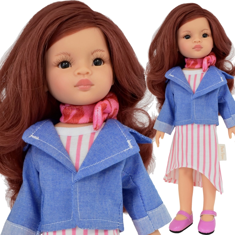 Lalka Hiszpańska 32 cm Paola Reina Amigas 04541 Roxana, klasyczna, cała z winylu, ciemne oczy, kasztanowe włosy, kurteczka, sukienka w paseczki, apaszka, buciki