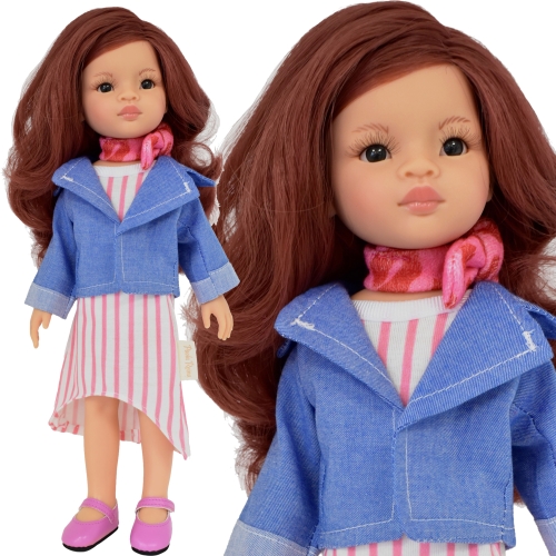 Lalka Hiszpańska 32 cm Paola Reina Amigas 04541 Roxana, klasyczna, cała z winylu, ciemne oczy, kasztanowe włosy, kurteczka, sukienka w paseczki, apaszka, buciki