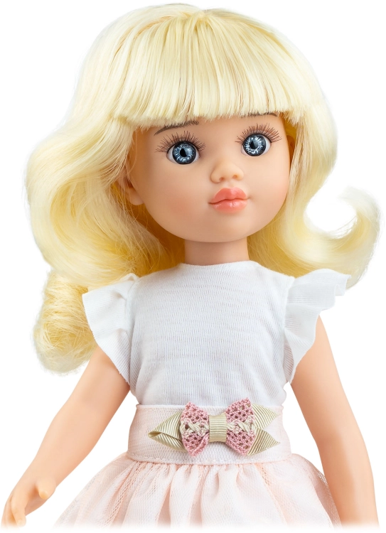 Lalka Hiszpańska 32 cm Paola Reina Amigas 04734 Clara, klasyczna, cała z winylu, niebieskie oczy, blond włosy z grzywką, bluzka, długa spódnica, majteczki, buciki