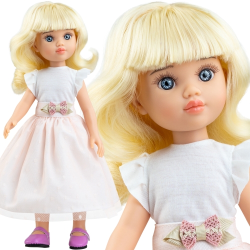 Lalka Hiszpańska 32 cm Paola Reina Amigas 04734 Clara, klasyczna, cała z winylu, niebieskie oczy, blond włosy z grzywką, bluzka, długa spódnica, majteczki, buciki