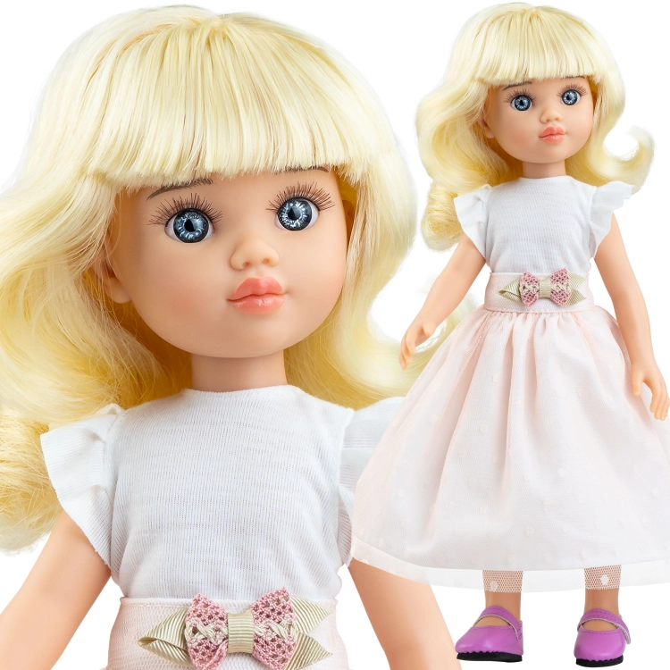 Lalka Hiszpańska 32 cm Paola Reina Amigas 04734 Clara, klasyczna, cała z winylu, niebieskie oczy, blond włosy z grzywką, bluzka, długa spódnica, majteczki, buciki