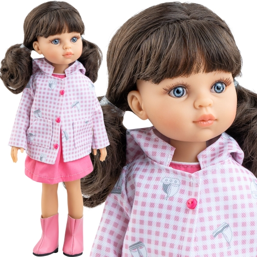 Lalka Hiszpańska 32 cm Paola Reina Amigas 04732 Carol, klasyczna, cała z winylu, niebieskie oczy, brązowe włosy spięte w dwa kucyki, kurteczka z kapturem, sukienka, majteczki, buciki