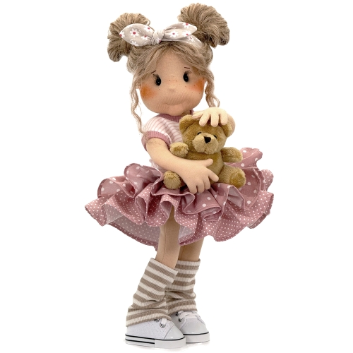 Lalka 38 cm Lullu Dolls Marysia, materiałowa, włosy naturalne z Alpaki, opaska, bluzeczka, spódnica, maskotka Misio Zdzisio, 3 warianty wyboru, na zdjęciu wariant 3 kolekcjonerski