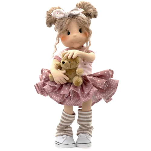 Lalka 38 cm Lullu Dolls Marysia, materiałowa, włosy naturalne z Alpaki, opaska, bluzeczka, spódnica, maskotka Misio Zdzisio, 3 warianty wyboru, na zdjęciu wariant 3 kolekcjonerski