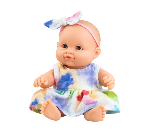 Lalka Hiszpańska 21 cm Paola Reina 30205 Peques, bobas cały z winylu, dziewczynka, kolorowa sukienka, opaska na głowę, majteczki