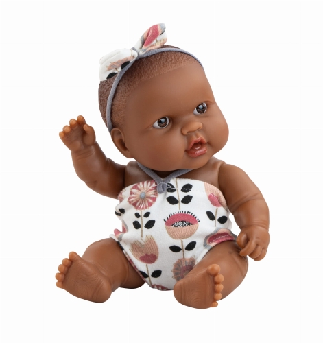 Lalka Hiszpańska 21 cm Paola Reina 30207 Peques, bobas cały z winylu, ciemnoskóra dziewczynka, body na ramiączko, opaska na głowę