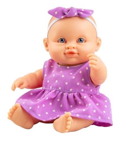 Lalka Hiszpańska 21 cm Paola Reina 30217 Peques, bobas cały z winylu, dziewczynka, fioletowa sukienka w groszki, opaska na głowę, majteczki