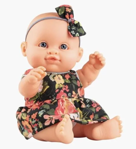 Lalka Hiszpańska 21 cm Paola Reina 00199 Peques, bobas cały z winylu, dziewczynka, opaska na glowę, czarna sukienka w kolorowe kwiatuszki, majteczki