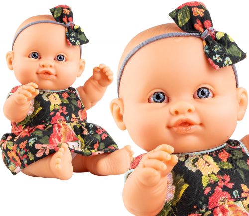 Lalka Hiszpańska 21 cm Paola Reina 00199 Peques, bobas cały z winylu, dziewczynka, opaska na glowę, czarna sukienka w kolorowe kwiatuszki, majteczki