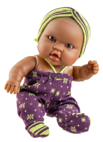 Lalka Hiszpańska 21 cm Paola Reina 30216 Peques, bobas cały z winylu, ciemnoskóra dziewczynka, body z krytymi nogawkami na ramiączko, opaska na głowę