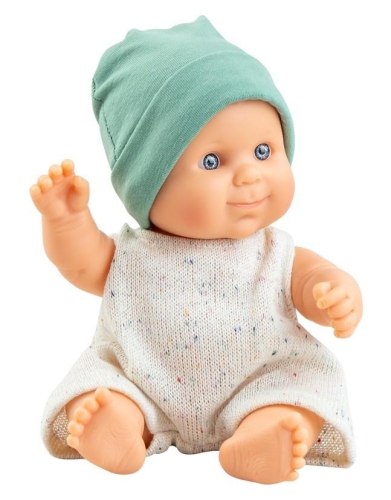 Lalka Hiszpańska 21 cm Paola Reina 30224 Peques, bobas cały z winylu, chłopczyk, czapeczka, dzianinowy kombinezon