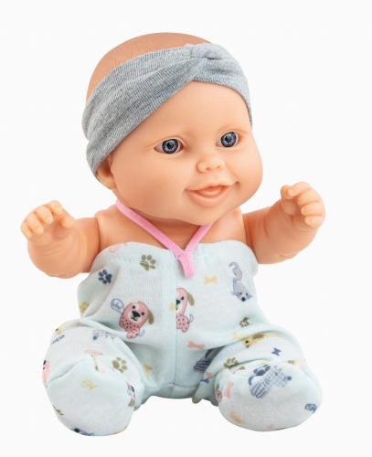 Lalka Hiszpańska 21 cm Paola Reina 30211 Peques, bobas cały z winylu, dziewczynka, body na ramiączko z krytymi nogawkami, opaska na głowę