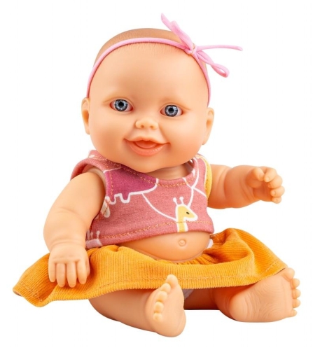 Lalka Hiszpańska 21 cm Paola Reina 30220 Peques, bobas cały z winylu, dziewczynka, bluzeczka, spódniczka, opaska na głowę, majteczki