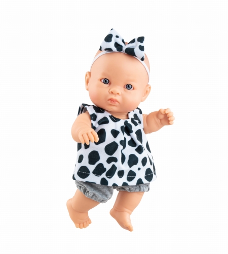 Lalka Hiszpańska 21 cm Paola Reina 30213 Peques, bobas cały z winylu, dziewczynka, biała sukienka w czarne plamki, opaska na głowę, szare spodenki bloomersy