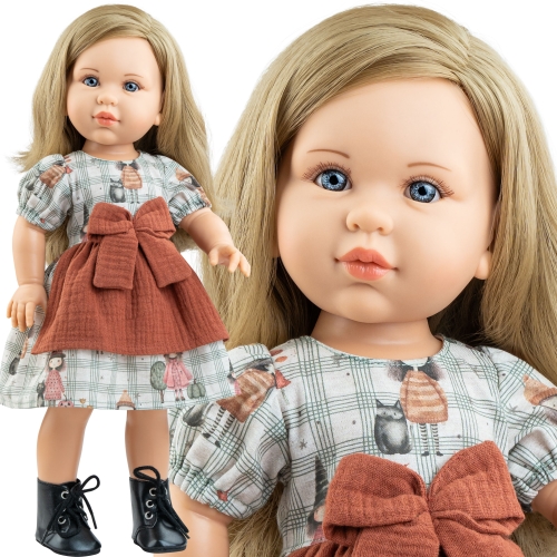 Lalka Hiszpańska 42 cm Paola Reina Soy Tu 06121 Andrey, klasyczna, cała z winylu, blond włosy, nie zamyka oczu, sukienka, majteczki, buciki