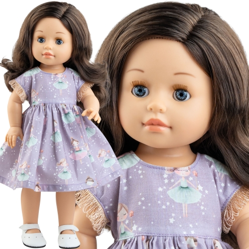 Lalka Hiszpańska 42 cm Paola Reina Soy Tu 06119 Emily, klasyczna, cała z winylu, brązowe włosy, zamyka oczy, sukienka, majteczki, buciki