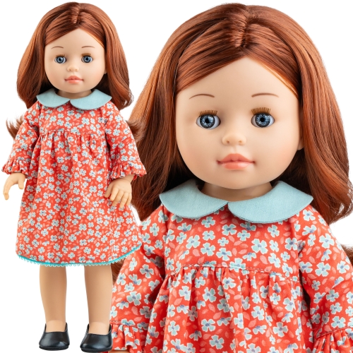 Lalka Hiszpańska 42 cm Paola Reina Soy Tu 06120 Becca, klasyczna, cała z winylu, kasztanowe włosy, zamyka oczy, sukienka, majteczki, buciki