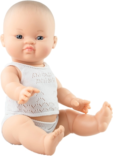 Lalka Hiszpańska 34 cm Paola Reina 04001 Gordis, bobas cały z winylu, chłopczyk, bez włosów, koszulka, majteczki