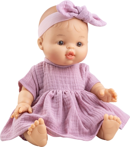 Lalka Hiszpańska 34 cm Paola Reina 04146 Gordis Federica, bobas cały z winylu, dziewczynka, bez włosów, opaska na głowę, sukienka, majteczki