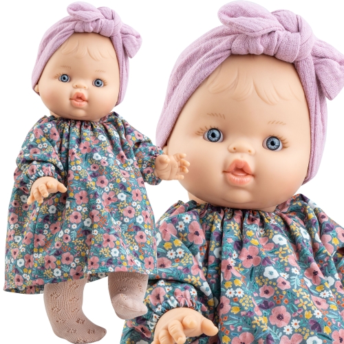Lalka Hiszpańska 34 cm Paola Reina 04140 Gordis Raky, bobas cały z winylu, dziewczynka, bez włosów, opaska na głowę, sukienka, rajstopki