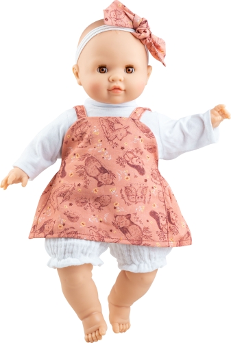 Lalka Hiszpańska 36 cm Paola Reina 07067 Manus Judith, bobas miękki brzuszek, zamyka oczy, bez włosów, opaska na głowę, bluzeczka, sukienka na szelki, bufiaste spodenki