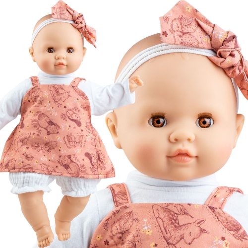Lalka Hiszpańska 36 cm Paola Reina 07067 Manus Judith, bobas miękki brzuszek, zamyka oczy, bez włosów, opaska na głowę, bluzeczka, sukienka na szelki, bufiaste spodenki