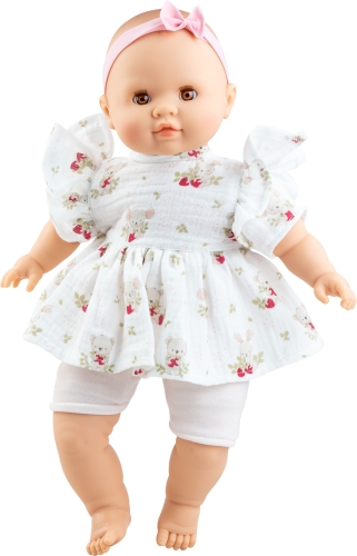 Lalka Hiszpańska 36 cm Paola Reina 07071 Manus Julia, bobas miękki brzuszek, zamyka oczy, bez włosów, opaska na głowę, sukienka, krótkie legginsy