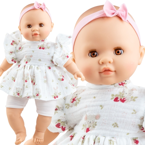 Lalka Hiszpańska 36 cm Paola Reina 07071 Manus Julia, bobas miękki brzuszek, zamyka oczy, bez włosów, opaska na głowę, sukienka, krótkie legginsy