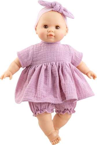 Lalka Hiszpańska 36 cm Paola Reina 07075 Manus Noemi, bobas miękki brzuszek, zamyka oczy, bez włosów, opaska na głowę, sukienka, bufiaste spodenki